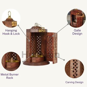 Antique Wooden Oud Burner with Metal <b>Ring</b> And Perforated Design Hanging Hook Decorative <b>Arabic</b> Home Accessory - Product Image 3
