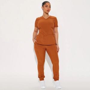 Women's Rust Color Knitted <b>Scrub</b> <b>Set</b> With Short Sleeve Top And Jogger Pants For Hospital Uniforms - Product Image 1
