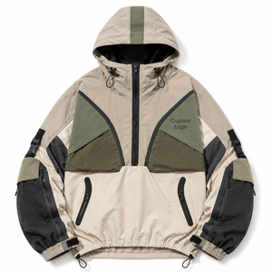 Wholesale Color block Anorak <b>Men</b> Half Zip <b>Utility</b> Windbreaker Technical Streetwear <b>Jacket</b> Adjustable Cuffs Cargo Pocket Hoodie - Product Image 1