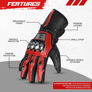 Guantes de Motociclismo de Cuero Rojo y Negro, Guantes de Carreras con Protección Completa en los Nudillos, Guantes de Pista, Equipo de Protección Personalizado OEM para Motociclistas - Product Image 3