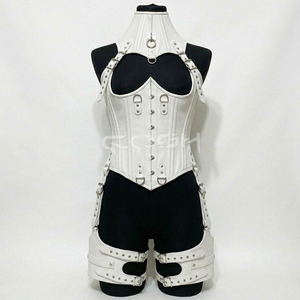<b>Underbust</b> Steelboned Gothic And Fashion Wear White Leather <b>Corset</b> With Neck And Leg Harness - Product Image 1