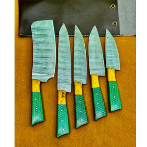 Juego de Cuchillos de Acero de Damasco Hechos a Mano, 5 Piezas, Mango de Resina Verde, Cuchillos de Chef Afilados, Cuchillos de Cocina Ambidiestros, Venta al Por Mayor OEM - Product Image 2