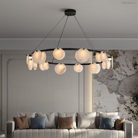 Lustre de table ovale LED dimmable de luxe nordique extra large en cuivre et verre marbré, abat-jour cylindrique, angle de faisceau 45°, pour restaurant