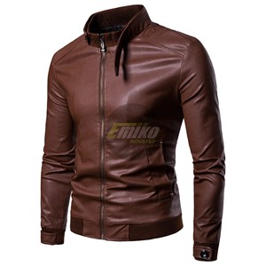 Chaqueta de Cuero PU para Hombre, Corte Ajustado, Color Marrón, Cuello Alto, Cierre de Cremallera, Estilo Motero, Informal, para Otoño - Product Image 1