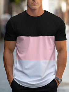 เสื้อยืดแขนสั้นผู้ชาย คอโอ ทรงปกติ ผ้าถักลำลอง แต่งสีตัดกัน ฮิปฮอป กันยับ สีแดง ขาว ดำ - Product Image 3