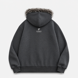 Sweat à capuche zippé surdimensionné pour homme, en polaire épaisse avec bordure en fourrure, style streetwear vintage, personnalisable, pour l'hiver, vente en gros - Product Image 3
