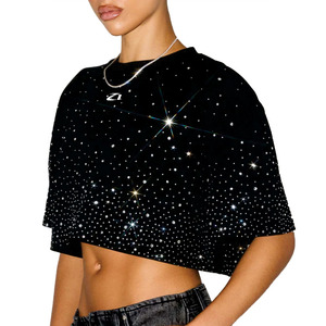 Camisa Corta de Mujer Personalizada con Pedrería de Lujo, Estilo Holgado, Moda Urbana, Manga Corta - Product Image 4