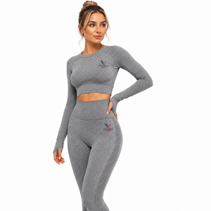 Ensemble de vêtements de sport pour femmes, soutien-gorge de sport gris à manches longues et leggings taille haute, sans couture, pour l'entraînement, le yoga et les activités sportives - Product Image 1