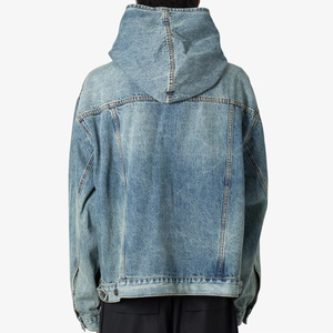Wholesale 100% Cotton <b>Denim</b> Sun Faded <b>Jackets</b> Heavyweight Acid Washed Oversized Distressed <b>Denim</b> Pullover Hoodies for <b>Men</b> - Product Image 4