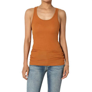 Débardeur en maille froncé pour femme, col rond, couleur unie, décontracté, respirant, mélange coton élasthanne, orange, style long - Product Image 1