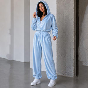 Low MOQ Casual <b>Womens</b> Rhinestone <b>Velour</b> <b>Tracksuit</b> Set 2 Piece Long Hooded Winter Wear Supply - Product Image 4