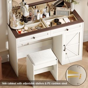 Taburete blanco de 43,4 \ ", tocador de maquillaje, espejo grande, 11 LED de brillo, tocador ajustable, 3 cajones, tocador para mujer - Product Image 5