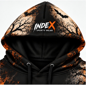 Sweat-shirt à capuche pour homme Index, imprimé citrouille Halloween, style streetwear décontracté, coupe classique, noir et orange, imprimé intégral, collection homme Index - Product Image 5