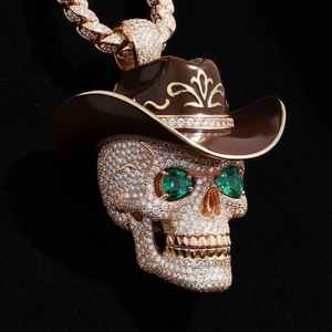 Hiphop Style Skull <b>Pendant</b> With <b>Emerald</b> Eyes Diamond Accents 18K Gold Plated Men's Themed Charm - Product Image 3