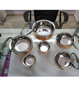 Ensemble de plats ronds en acier inoxydable et cuivre martelé avec couvercle, design moderne, vaisselle en métal écologique pour usage domestique - Product Image 5