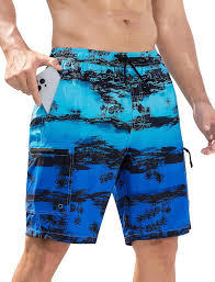 <b>Men</b>’s Graphic Board Shorts – Blue Gradient Tropical Print Swim <b>Trunks</b> with Quick-Dry Fabric and Adjustable Drawstring - Product Image 2