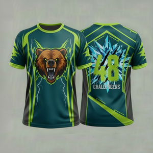 Camiseta Deportiva Unisex de Manga Corta, Poliéster, Diseño de Oso Sublimado, Ajustada, Secado Rápido, Verde y Negro - Product Image 1