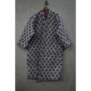 Kimono de Algodón Hecho a Mano con Estampado Floral Acolchado, Cuello en V, Cierre con Cordón, Túnica Larga para Mujer, Estilo Boho Indio - Product Image 3