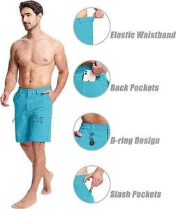 Shorts cargo bleus unis pour hommes, taille mi-haute élastique, séchage rapide, décontractés, longueur Bermuda, avec poches arrière et latérales - Product Image 2