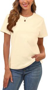 Camiseta de algodón para mujer, cuello redondo, manga corta, corte regular, color amarillo claro, informal, color liso, transpirable, para todas las estaciones - Product Image 6