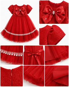 Girls <b>Red</b> Tulle Party Dress With <b>Bow</b> Applique A-Line Knee-Length Cap Sleeve Solid Color Winter Dress - Product Image 3