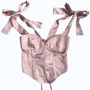 Top Corset de Satén Rosa de Lujo con Detalle de Perlas y Tirantes de Lazo, Corsé Ajustado para Mujer, Ideal para Fiestas - Product Image 6