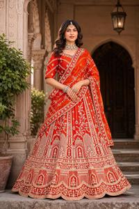 Vestido de novia de diseñador con bordado elaborado con zari, dori y hilo, lehenga de seda premium con blusa y dupatta de trabajo elaborado. - Product Image 2