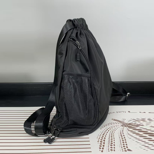 Unisex Black <b>Drawstring</b> Backpack With Mesh Side Pockets Lightweight Gym <b>Bag</b> Casual Style 20-30L Capacity Polyester Material - Product Image 3