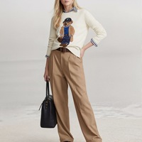 Pull en tricot pour femme, col rond, couleur crème, avec broderie d'ours, manches longues, style preppy, automne, 100% coton