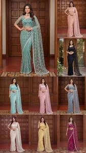 Sari indien traditionnel ethnique de créateur pour mariage, avec broderie en résille lourde et travail de sequins, pour femme, coupe tendance - Product Image 2