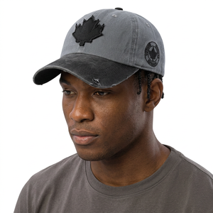 Adjustable Gray <b>Vintage</b> Sporty Baseball <b>Cap</b> with Black Maple Leaf Applique Front Panel Unisex Casual Denim 6-Panel Design - Product Image 5