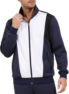Ensemble de jogging d'hiver décontracté pour hommes |   Ensemble deux pièces bleu marine avec veste à empiècements blancs audacieux et pantalon rayé, respirant et léger - Product Image 2