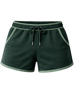 กางเกงขาสั้นผ้าฟลีซคอตตอนสีเขียวป่าตัดกับสีเขียวอ่อนสำหรับผู้หญิง เอวยางยืด สวมใส่สบายๆ สำหรับฤดูร้อน เหมาะสำหรับเล่นกีฬาและพักผ่อน - Product Image 1