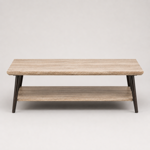 Mesa de centro rectangular moderna con estante de almacenamiento inferior, acabado en madera clara y patas cónicas oscuras para una decoración elegante de la sala de estar - Product Image 3