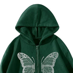 Sudadera Verde Extra Grande con Capucha y Cierre, Unisex, con Estampado de Mariposas Brillantes, de Felpa, Informal, de Otoño, Manga Regular, Tejido de Punto - Product Image 3