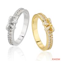 Bowknot 925 Sterling Silver Zircon Band Ring with Clear Rectangular Stones and a Round Stone Border