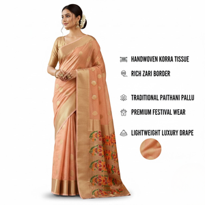 Sari Korra Tejido a Mano con Borde Paithani Zari |   Colección Étnica Festiva y para Fiestas a Precio de Mayoreo - Product Image 5