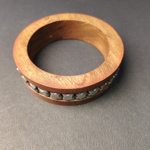 Contemporary Wood Bangle with Metallic Silver <b>Bow</b>-Tie Link Inlay - Designer Inspired Chunky <b>Wooden</b> Bracelet - Bold Statement - Product Image 3