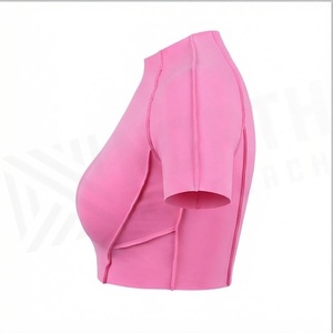 Haut court rose à col rond, manches courtes, uni, séchage rapide, en spandex et polyester, vêtements de yoga, vêtements de sport pour femmes - Product Image 3