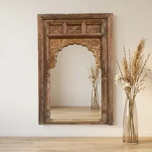 Grand miroir mural décoratif Jharokha en bois massif sculpté à la main avec motif floral, idéal pour hôtel, ferme, salle de bain, salon - Product Image 1