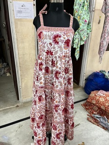 Vestido largo de algodón indio con estampado de bloque de mano, túnicas con cuello cuadrado floral con correa, vestido sin mangas con escote cuadrado - Product Image 3