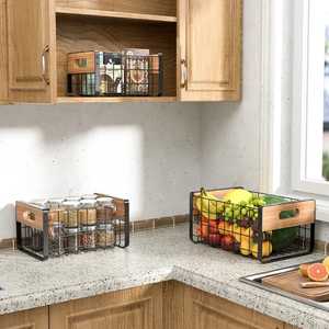 Luxury 2-Tier Black Metal Fruit Stand Square Decorative Pattern Tiered Kitchen Countertop Storage <b>Basket</b> with Handle - Product Image 5