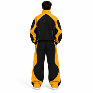 Ensemble survêtement homme noir et jaune à blocs de couleur, coupe ample, style streetwear, avec sweat-shirt et pantalon longs et poches latérales - Product Image 2