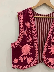 Embroidered <b>Velvet</b> Beaded Floral Pattern V-neck Single Button Closure Boho Vest Indian Ethnic Waistcoat Sleeveless <b>Jacket</b> Cotton - Product Image 3