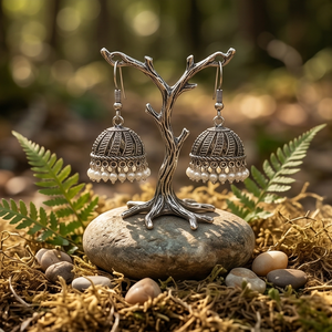 DIVYORO Boucles d'oreilles Jhumka en argent perlé, bijoux indiens traditionnels élégants, boucles d'oreilles ethniques pour femmes, pour mariage et festival - Product Image 4