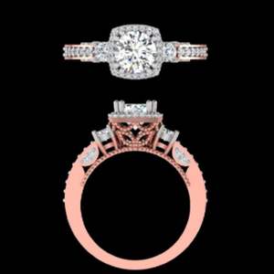 Impresionante Anillo de Compromiso de Oro Rosa con Tres Diamantes de Corte Cojín de 1.60ctw, Halo y Galería de Corazones en Filigrana, y Banda con Acentos Pavé - Product Image 2