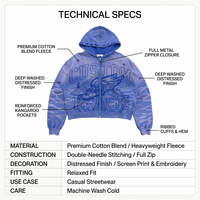 Sweat à capuche zippé personnalisé 400 GSM pour homme, coupe ample et carrée, effet vieilli, broderie graphique, anti-boulochage, en coton peigné