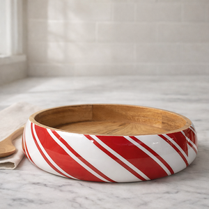 Tazón redondo de madera de mango tallado a mano, ecológico, con impresión personalizada en rojo brillante natural y esmalte, para servir ensalada, dulces, para el hogar y la cocina. - Product Image 3