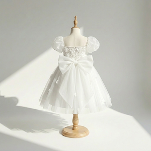 Vestido de niña blanco de encaje, corte A, hasta la rodilla, para boda, fiesta, princesa, cumpleaños, Tutupetti, de alta calidad, con mangas abullonadas y lazo en la espalda - Product Image 3