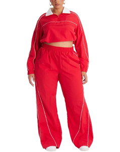 Ensemble de survêtement deux pièces rétro rouge pour femme, coupe-vent léger avec veste zippée et pantalon de jogging décontracté – Vente en gros - Product Image 1